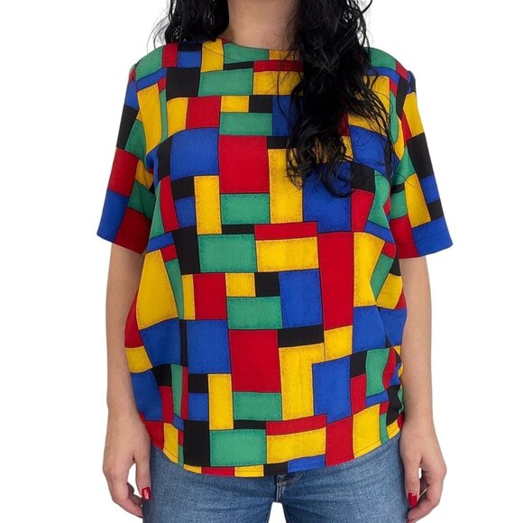 Kathy Che Tops - Kathy Che 80s Vintage Multicolor Abstract Short Sleeve Retro Blouse